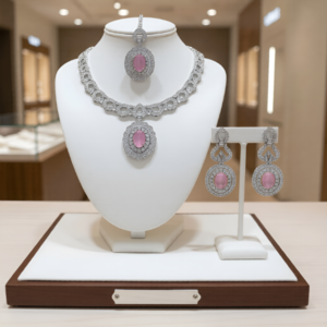 Elegant Silver-Toned Bridal Jewelry Set with Pink Gemstones and Crystals