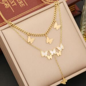 Double layered butterfly pendant with one hanging butterfly (18k stainless)