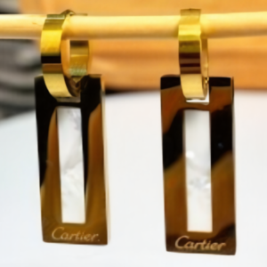 Geometric Tortoise & Gold Logo Drop Earrings