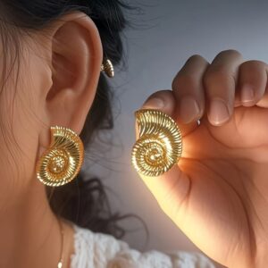 Golden Nautilus Spiral Stud Earrings
